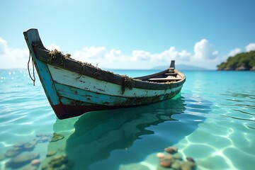 Obraz premium Old Rowboat Floating on Clear Turquoise Ocean Water