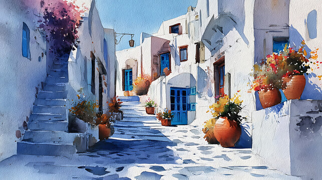 Fototapeta Picturesque watercolor painting of santorini streets, greece with provence influence, creativity meets travel