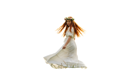 A joyful woman in a flowing white dress twirls in a sunlit meadow, surrounded by vibrant green grass and soft light