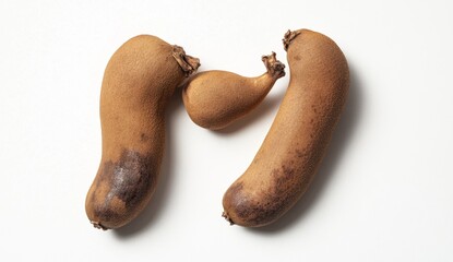 Three dried, light brown, sausage-shaped fruits on white background
