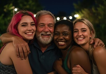 Fototapeta premium A cheerful group of friends embracing and smiling joyfully at an outdoor night gathering.