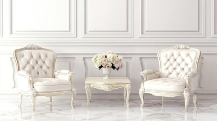 Elegant, classic white interior with ornate furniture and flowers.