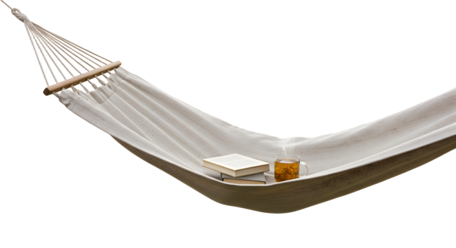 A serene hammock draped between trees, with a cozy book and a decorative item resting on it, inviting relaxation outdoors