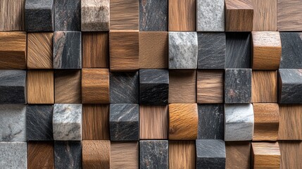Exquisite wood and grey marble mosaic tile texture, perfect for modern interiors. 