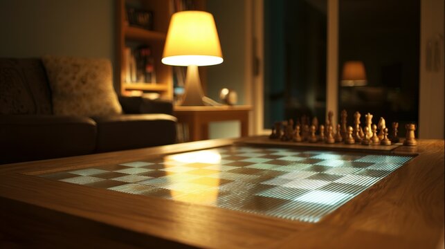 Illuminated chessboard coffee table in a cozy living room.