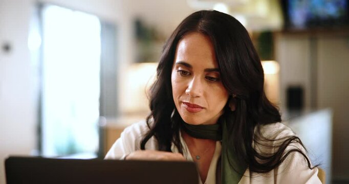 Thinking, planning and woman with laptop, home and problem solving with decision. Person, freelance writer or journalist with pc, website info and wonder with contemplation for feedback and choice