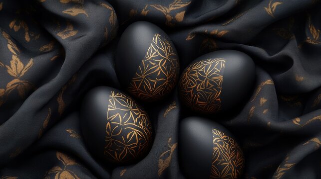 Decorative black eggs with golden floral designs resting on a dark fabric background