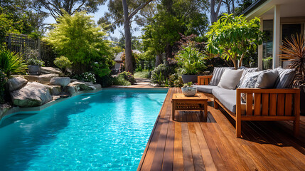 Inviting blue poolside retreat in summer, sun kissed serenity, relaxing pool deck amidst nature beauty, lap of luxury, wooden deck for ultimate leisure