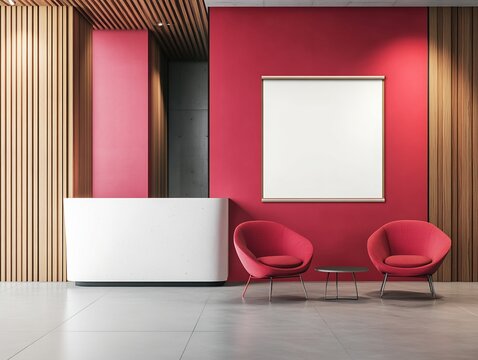 Modern Office Reception Area with White Desk and Red Accents