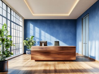 Fototapeta premium Modern Office Reception Area with Wooden Desk and Blue Walls