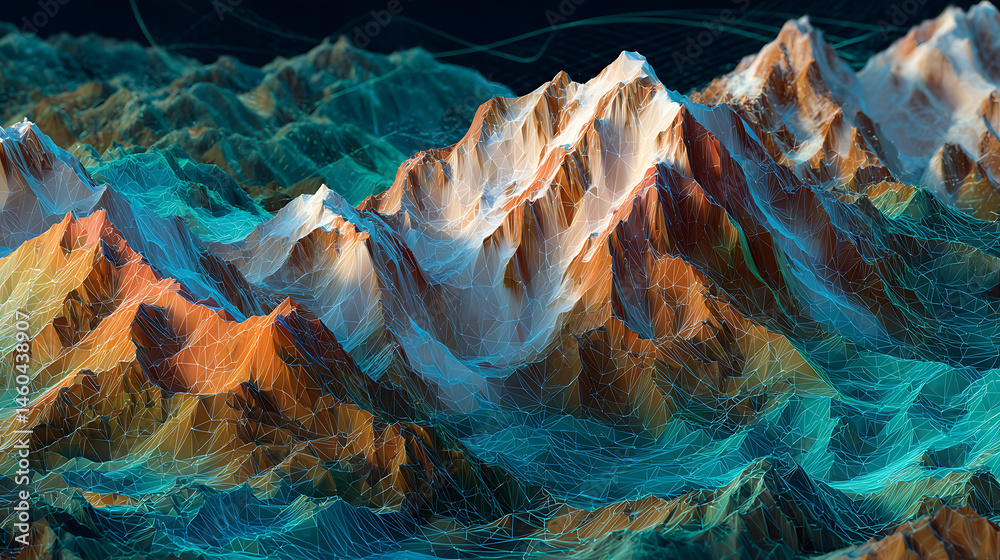 Poster from above view low poly digital mountain range, connection and communication concept