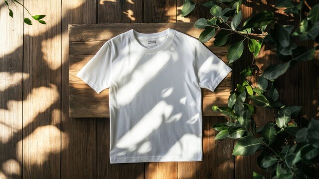 Organic cotton t-shirt displayed on rustic wooden surface with leafy accents