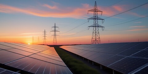 Solar energy panels and electrical transmission towers at sunset, symbolizing the integration of renewable power with grid infrastructure for sustainable energy distribution

