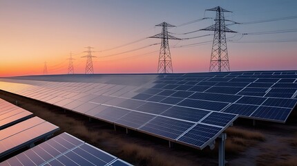 Solar energy panels and electrical transmission towers at sunset, symbolizing the integration of renewable power with grid infrastructure for sustainable energy distribution

