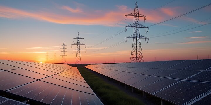 Solar energy panels and electrical transmission towers at sunset, symbolizing the integration of renewable power with grid infrastructure for sustainable energy distribution