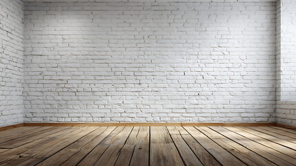 Fototapeta premium Empty room with white bricks wall and wood floor, background for product presentation