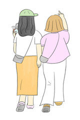 手描き風イラスト　街歩きをする女性達の後ろ姿