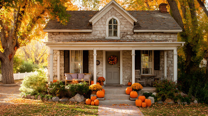 Cute and cozy cottage with fall decorations, pumpkins on the front porch and a wreath
