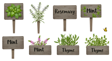A vibrant display of various herbs labeled with wooden signs, showcasing mint, thyme, and rosemary in a garden setting