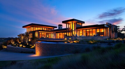 Obraz premium A breathtaking luxurious house with a bold architectural design, illuminated by soft exterior lighting, showcasing a seamless connection between indoor and outdoor living spaces 