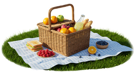 A vibrant picnic basket filled with fresh fruits, sandwiches, and drinks on a checkered blanket in a sunny park setting