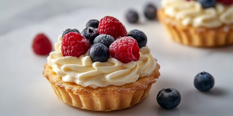Delicious berry tart topped with creamy frosting and fresh raspberries and blueberries prepared with care at a pastry shop