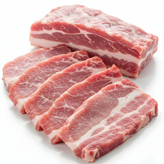 Fototapeta premium A close up shot of a slab of pork belly with several slices arranged in front on a white surface