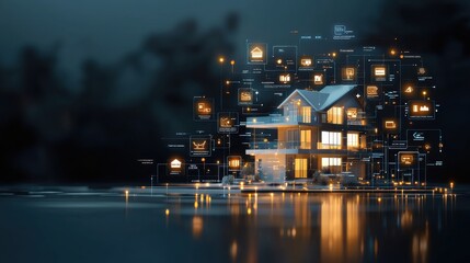 Smart home technology integration modern house digital visualization tranquil environment night view innovative concepts