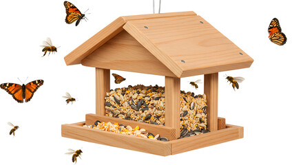 A wooden bird feeder filled with seeds, surrounded by butterflies in a sunny garden, attracting wildlife and nature lovers