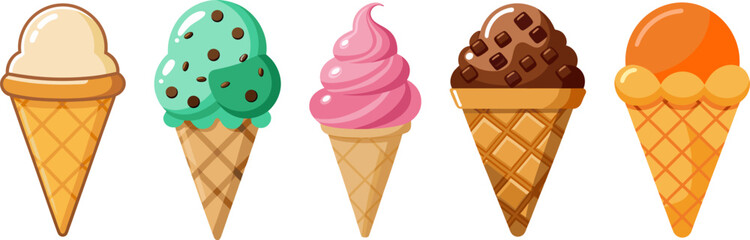 Five colorful cartoon ice cream cones with different flavors.