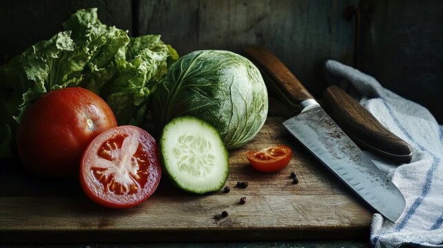 Rustic kitchen still life featuring fresh vegetables and a well-used knife