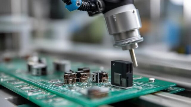A robotic gripper delicately picking and placing electronic components into their respective housings on a circuit board assembly line.
