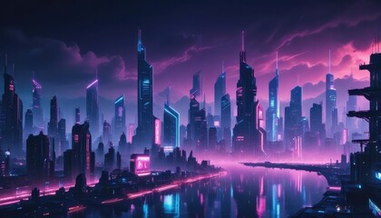Obraz premium Futuristic city skyline at dusk. Vibrant neon lights illuminate towering structures. Reflection on water