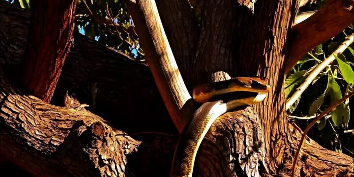 Close-up tan brown snake coiled tree branches textured bark green leaves warm lighting wildlife nature reptile camouflage Water python Leiopython Papuan ambush strike arboreal constrict bask predator 