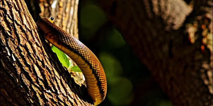 Close-up tan brown snake coiled tree branches textured bark green leaves warm lighting wildlife nature reptile camouflage Water python Leiopython Papuan ambush strike arboreal constrict bask predator 