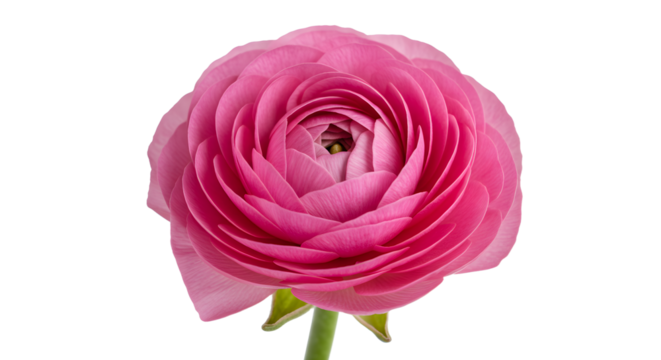 Close-up of a vibrant pink ranunculus flower showcasing intricate petal layers against a clean background, ideal for floral themes