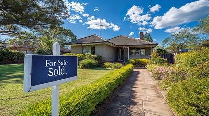 A charming suburban house with a "For Sale" sign marked "Sold," set against a backdrop of clear blue skies and vibrant landscaping, showcasing the property's appeal and success 