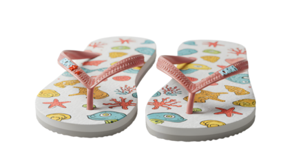 Colorful flip-flops with seashell patterns on a white background, ideal for summer beach activities and casual wear