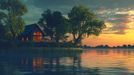 Fototapeta premium River bend island home secluded green landscape. [Solar Echoes] | Twilight Refraction | bending dusk. Illustration