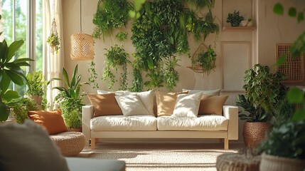 A chic, eco-friendly interior with modular furniture, an abundance of greenery, and soft, neutral colors, all designed to create a balance between contemporary style and environmental responsibility 