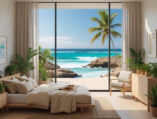 Serene bedroom with tropical ocean view through large glass windows, featuring minimalist decor, neutral tones, and indoor plants in a luxurious beachfront interior setting

