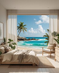 Modern coastal bedroom with panoramic sea view, natural sunlight, elegant furnishings, and lush tropical elements offering a relaxing vacation atmosphere and interior inspiration

