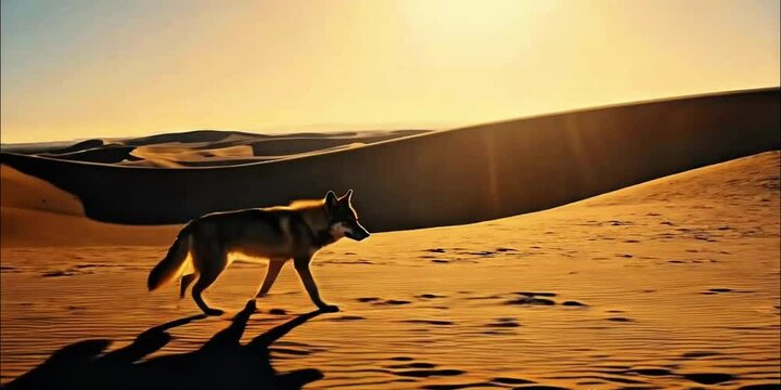 Red Wolf in the desert. Coyote silhouette walking sand dune sunrise sunset golden light rippled sand undulating dunes warm shadows wild nature predator wild pack lone howl dust clouds sun flare  