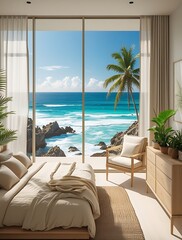 Obraz premium Modern coastal bedroom with panoramic sea view, natural sunlight, elegant furnishings, and lush tropical elements offering a relaxing vacation atmosphere and interior inspiration
