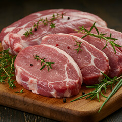 Fototapeta premium Close up of raw pork chops and a larger cut of pork on a wooden board with herbs and peppercorns