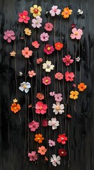 A multitude of paper flowers cascading down a dark backdrop