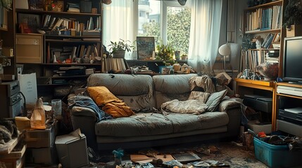 A cluttered and disorganized living room with a dirty sofa as the centerpiece, surrounded by a chaotic mess of everyday items, creating an unfiltered look at a messy home interior 