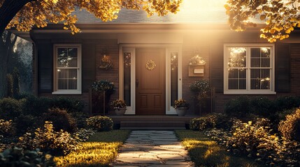 A comfortable, contemporary house with a stylish door, a warm front porch, symmetrical shutters, and a paved yard, designed with ample copyspace in the sky or foreground for text overlay 