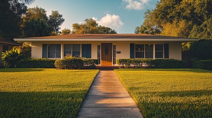 A comfortable, contemporary house with a stylish door, a warm front porch, symmetrical shutters, and a paved yard, designed with ample copyspace in the sky or foreground for text overlay 