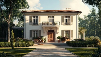 A comfortable, contemporary house with a stylish door, a warm front porch, symmetrical shutters, and a paved yard, designed with ample copyspace in the sky or foreground for text overlay 
